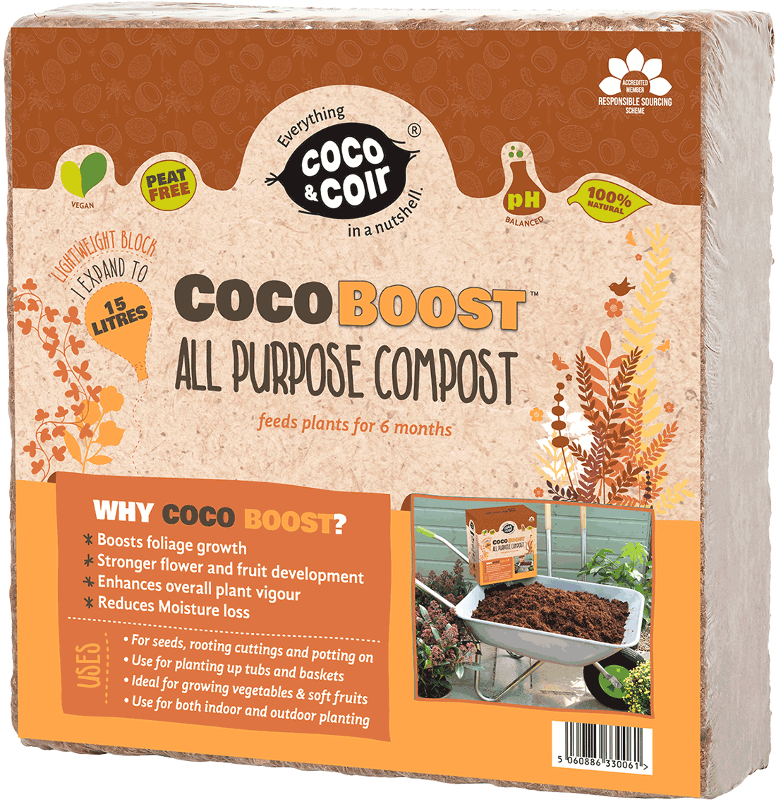 Torffreier Allzweckkompost gedüngt mit NPK - Coco Boost 1kg (15L)